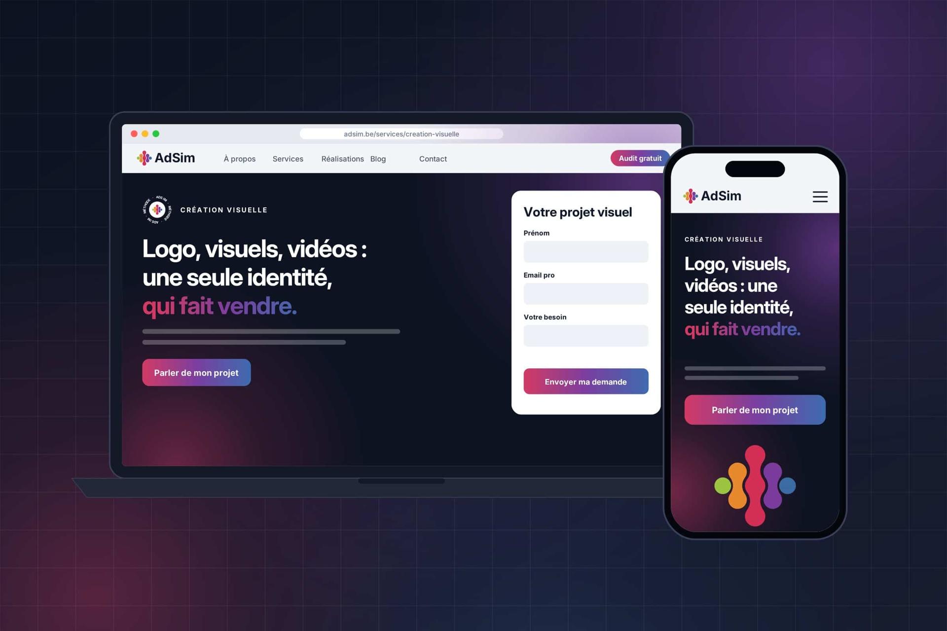 Page Création visuelle AdSim affichée sur ordinateur et sur mobile
