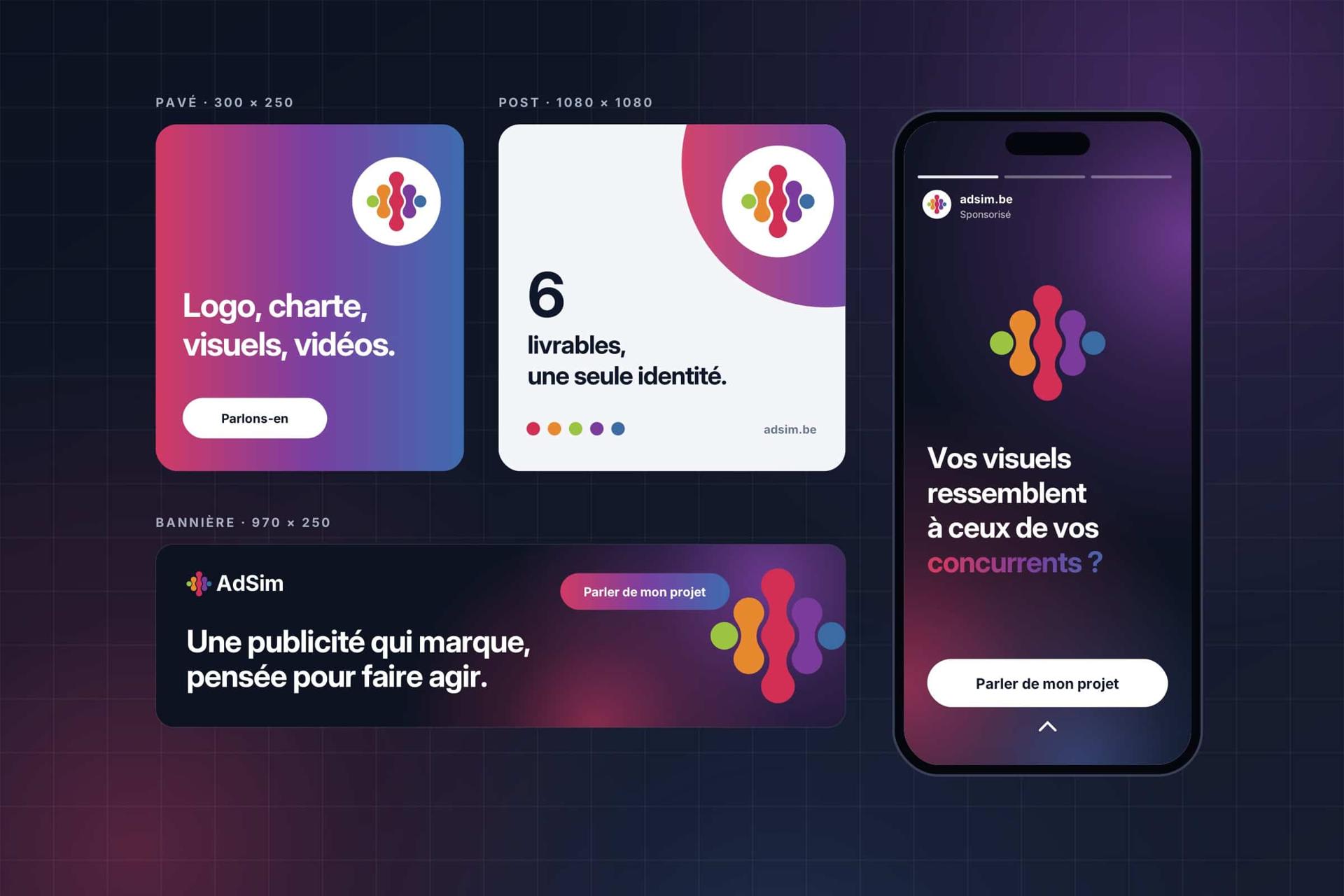 Supports publicitaires AdSim : pavé, post carré, bannière web et story mobile aux couleurs de la marque