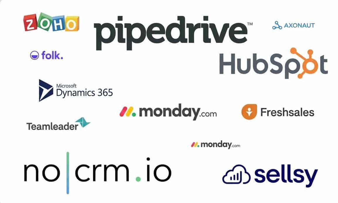 Logos des principaux logiciels CRM compatibles : Pipedrive, HubSpot, Zoho, Axonaut, Microsoft Dynamics 365, Monday, Freshsales, Teamleader, noCRM.io et Sellsy.