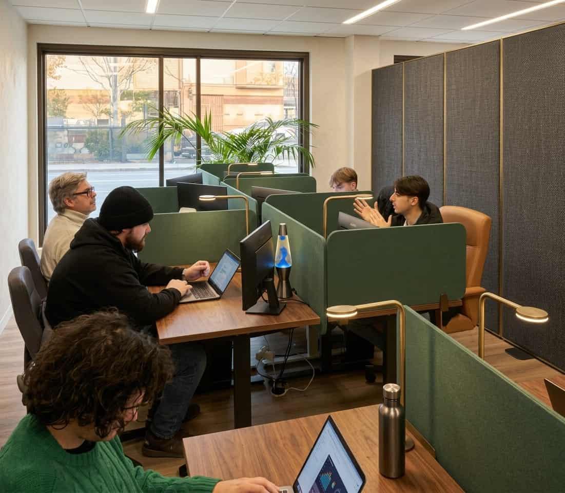Membres de l'équipe AdSim installés à leurs postes de travail dans un open space modernisé.