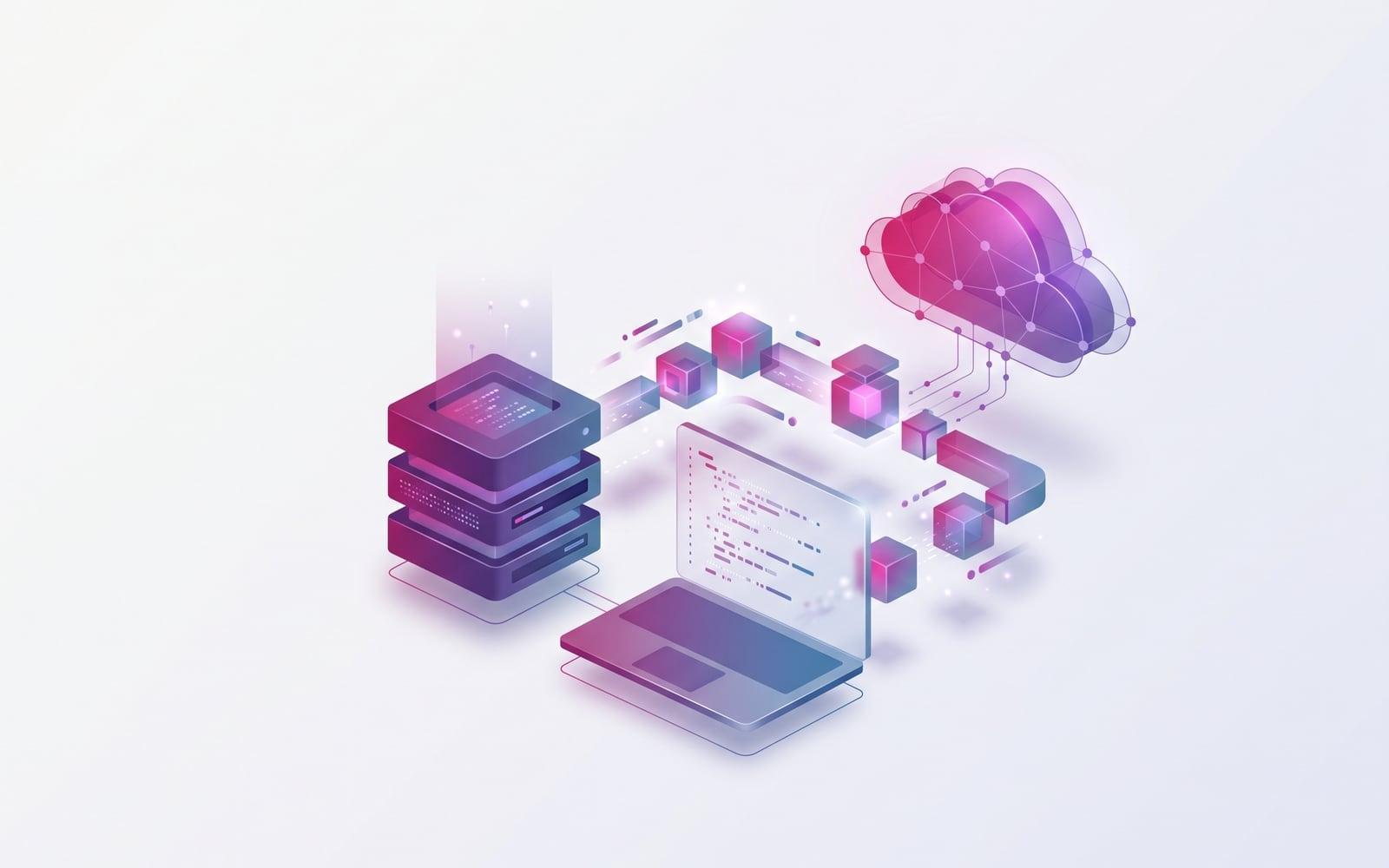 Représentation isométrique d'un serveur et d'un ordinateur portable connectés à un nuage numérique par un flux de cubes lumineux.