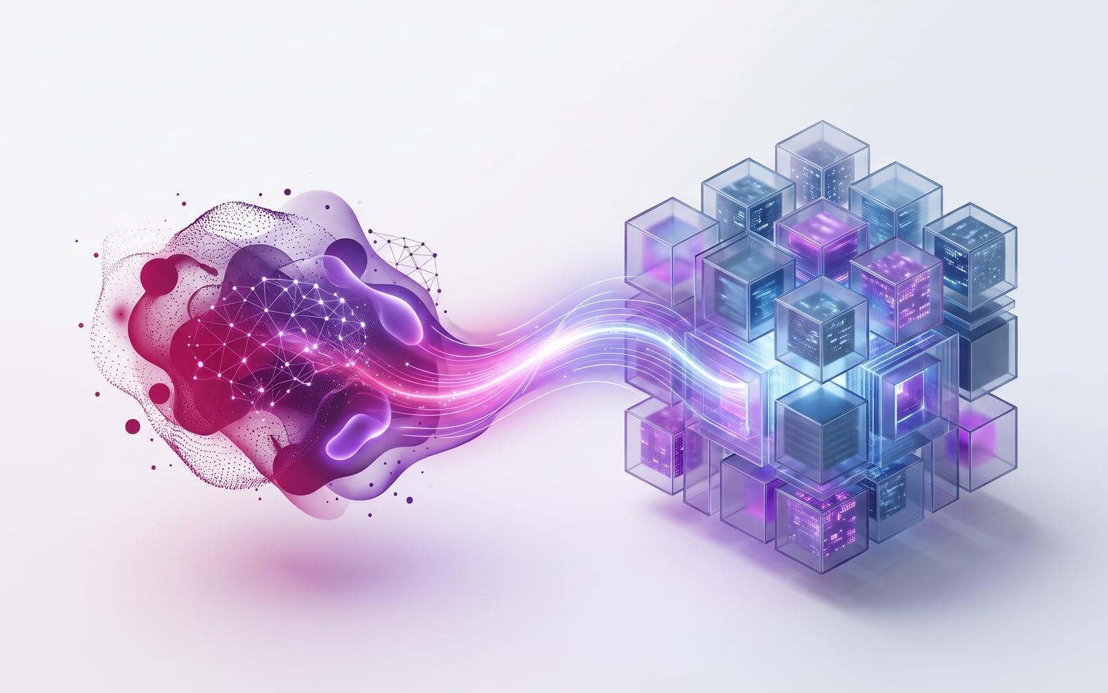 Une forme organique violette avec un réseau neuronal connecté par un flux lumineux à un cube composé de plus petits cubes translucides numériques.