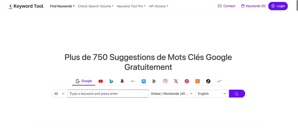 Keyword Tool l'outil pour trouver des mots-clés sur toutes les plateformes.